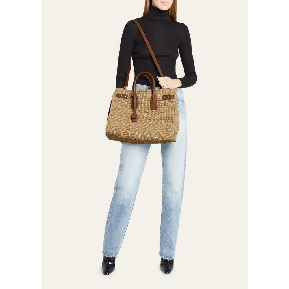 Saint Laurent Medium Sac De Jour Raffia Beige Brown Shoulder Top Handle Tote Bag - Picture 4 of 16